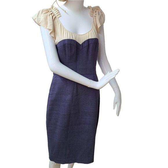 Rebecca Taylor Cream Ruffle Pleat Shoulder Blue Jean Stripe Linen Sheath Dress 0 - Picture 1 of 12